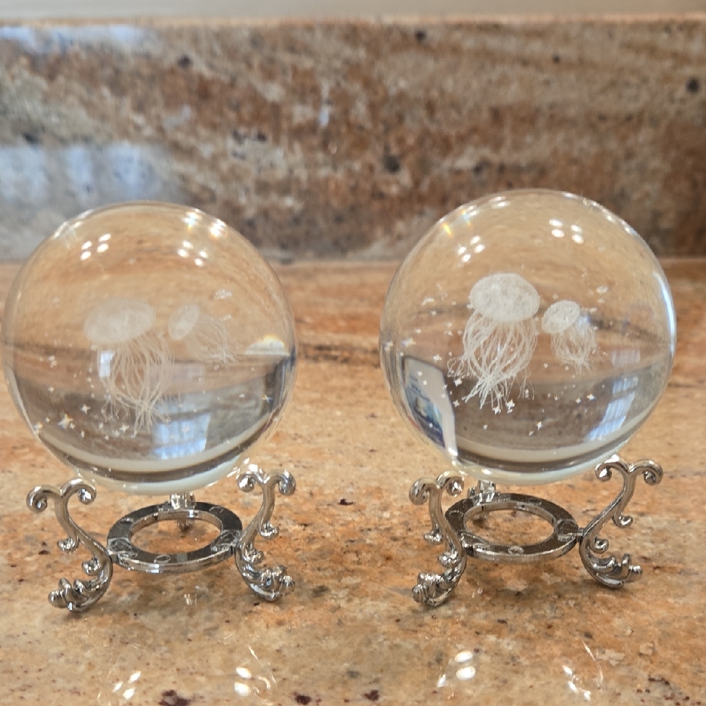 NWOT 2 Crystal Orbs with Laser Etched Jellyfish Design